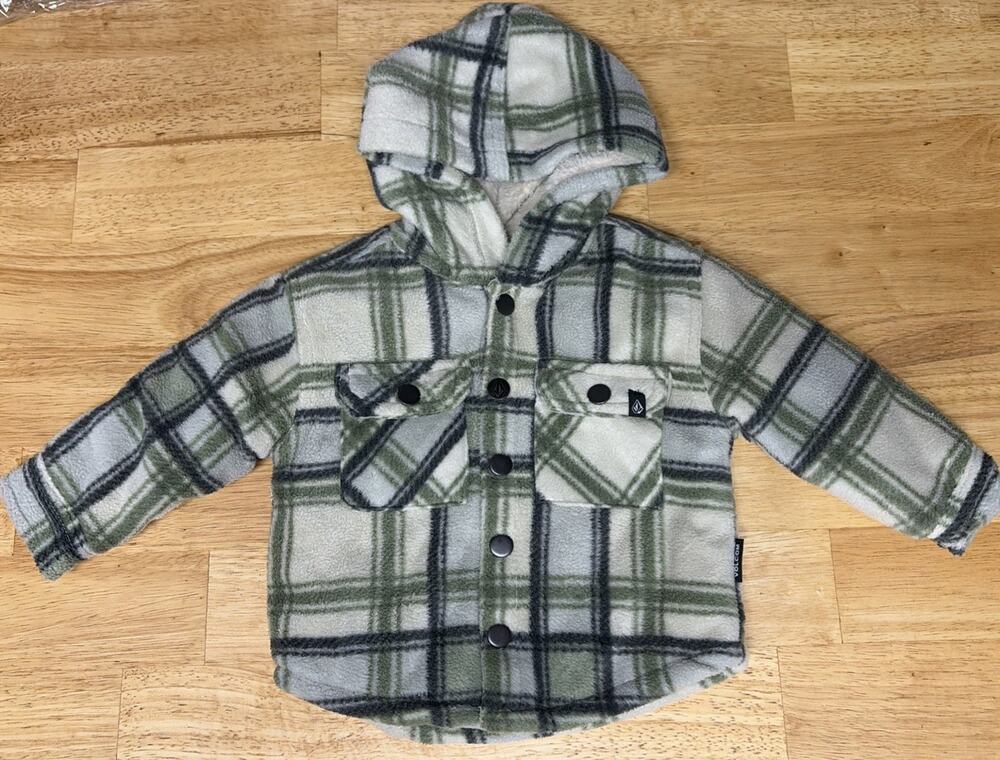 Volcom Kids Green Plaid Hooded Fleece Flannel Quilted Shacket - Size 12 months